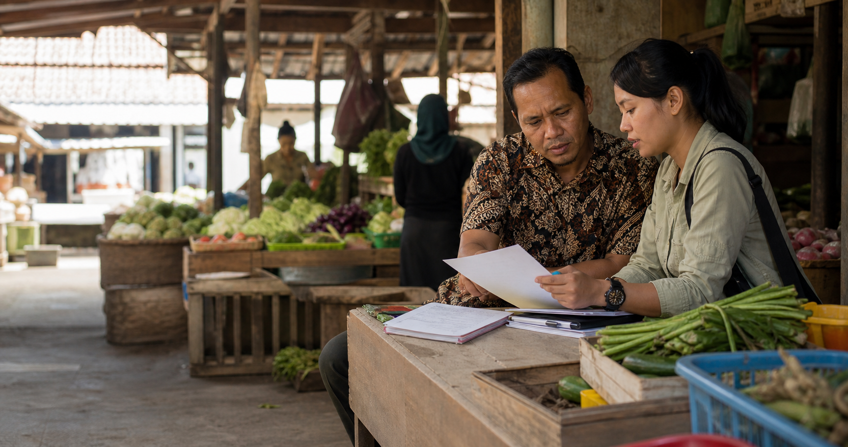 Reporter menelaah catatan distribusi bersama pengelola pasar